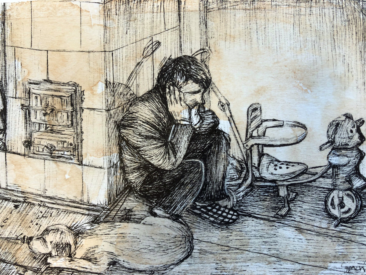 child sitting in the kitchen, drawing sketch by a student of Holy Rood RC High School.